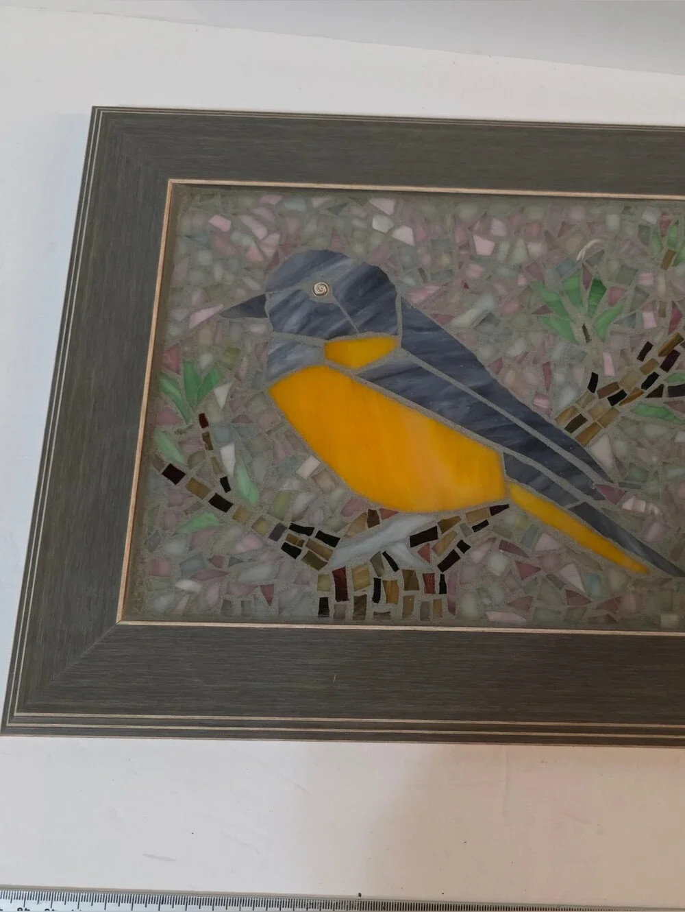 Fused Glass Mosaic Bird On A Branch Framed Art Table Top Or Hanging